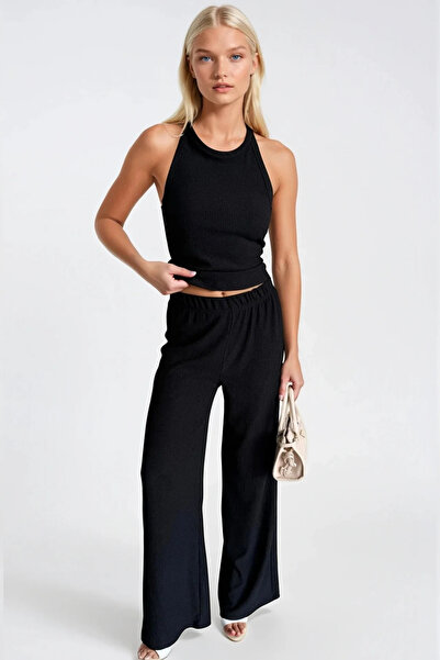 Asfaha Fashion Women's Black Halter Neck Textured Two-Piece Set with Elastic ...