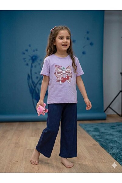 KAYAKİDS Girl's Festive Navy Blue Linen Trousers Purple Tshirt Stylish Comfor...