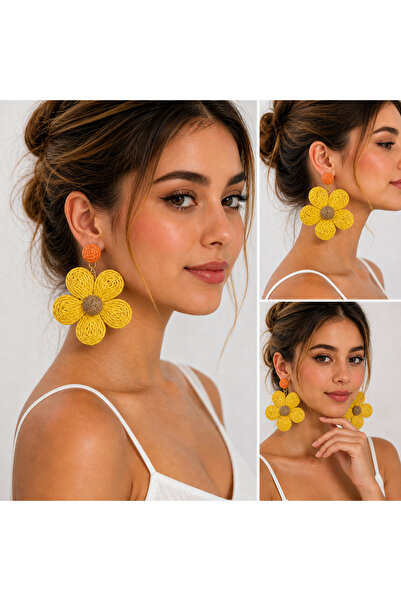synshop Yellow Zarax Model Women's Flower 5cm Earrings Straw Large Size Summe...