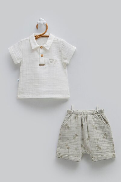 Caramell Baby Boy Shirt Collar Shorts Patterned Muslin 2-Piece Set 3-18 Month...