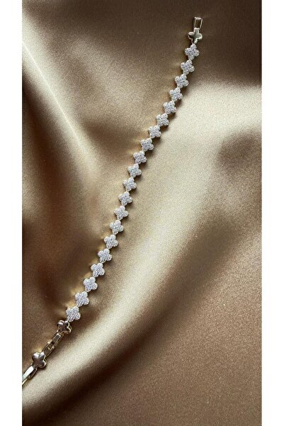 MonCheriAccessoire 14K Altın Kaplama Zirkon Taşlı Yonca Bileklik