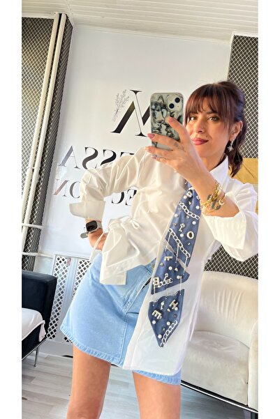 Bukezy Kadın Beyaz Oversize Poplin Uzun Gömlek Kravat Detaylı