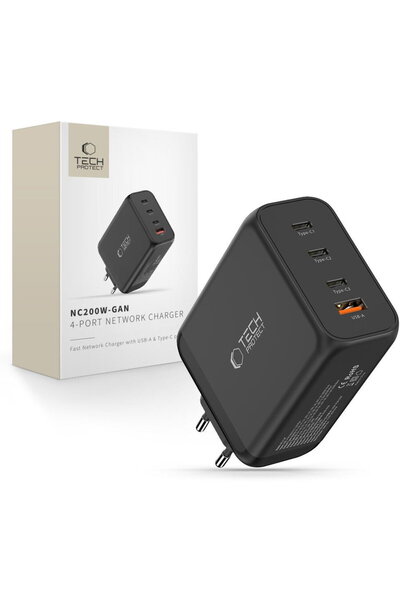 Tech-Protect NC200W-GAN ÎNCĂRCĂTOR DE REȚEA CU 4 PORTURI PD 200W / QC3.0 NEGRU