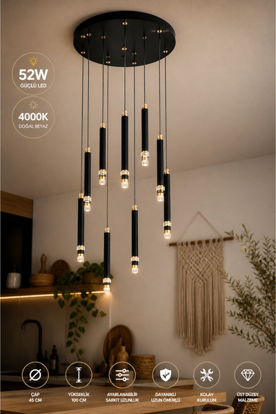 Elvora Home Modern (PREMİUM) 10'lu LEDli Sarkıt Avizesi 52W 4000K Siyah Salon...