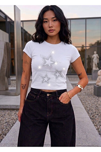 Mayer Butik Tricou Crop Body pentru femei, cu imprimeu Triple Star Crystal St...