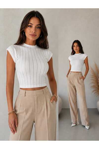 ByMisa Store Kadın Hakim Yaka Beyaz Taşlı Crop