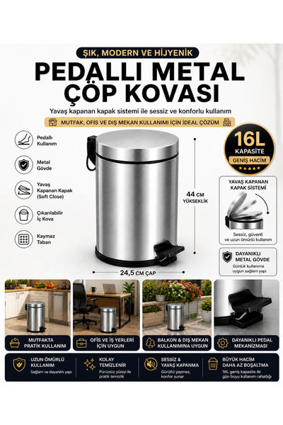 Yufira Life 16 Lt Pedallı Metal Çöp Kovası Yavaş Kapanan İç Kovalı Büyük Boy ...