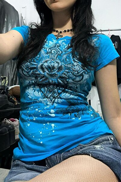 BALİNA Mavi Gotik Rose Harajuku Y2K Kısa Kollu Crop