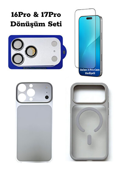 ucuzmi iPhone 16pro-17Pro Dönüşüm Seti Kılıf Kapak Aslan3Pro Cam Şeffaf Soft ...