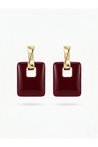 Pelin Aksesuar Burgundy Square Shaped Modern Earrings with Twist Clips