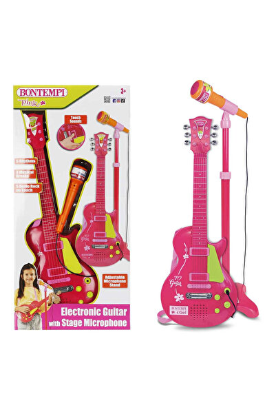 Feyza Oyuncak Bontempi Ayaklı Mikrofonlu Pembe Rock Gitarı | 5 Ritimli Telli ...