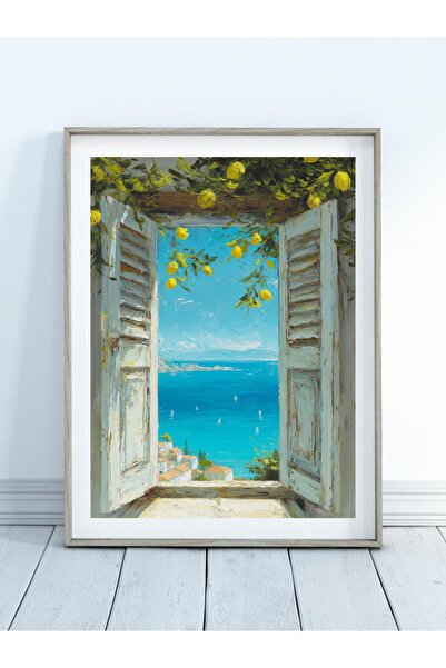 NinaStore Akdeniz Pencere Manzarası Sanatı – Sahil Limon Ağacı Duvar Dekoru –...