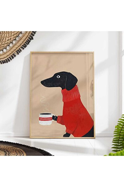NinaStore Dachshund Kahve Sanat Baskısı - Sosis Köpek Mutfak Duvar Dekoru - K...