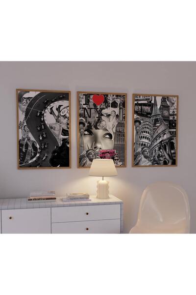 NinaStore 3 siyah beyaz New York kolaj posteri - çita panter baskısı - Pinter...