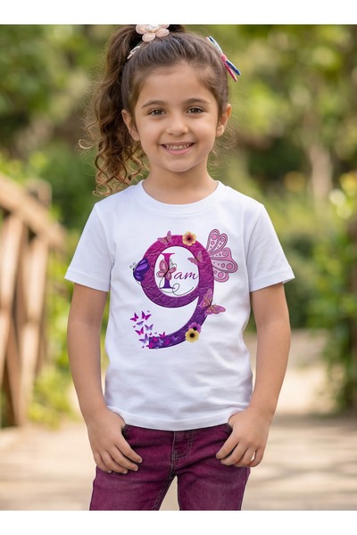 Funkaar Birthday Girl, 9th Year Butterfly Birthday Graohic Print T-Shirt