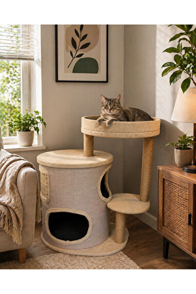 Meşe Home Zen Modern Kedi Evi – Tırmalama Direkli Konforlu Kedi Yuvası