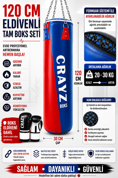 Crazy 120 CM Boks Torbası Seti Eldivenli | Ayarlanabilir Profesyonel Kum Torb...