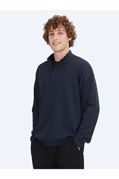 Kip Navy Blue Stand Collar Sweatshirt