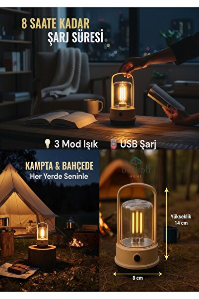 Brokoli Home USB Şarjlı Retro Kamp Lambası 3 Modlu - Günışığı El Feneri - Led...
