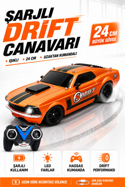 YILDIRIM OYUNCAK Uzaktan Kumandalı Şarjlı Işıklı RC Drift Araba 24cm – LED Fa...