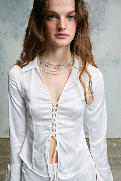 GRIMELANGE Lumale Women's Soft Textured Body-Fitting White Shirt with Lace Cl...