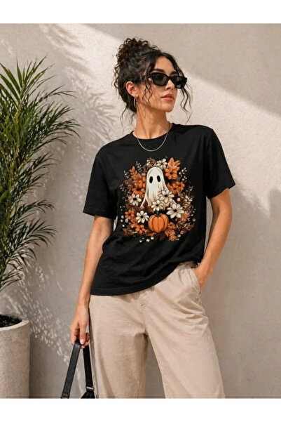 Efnaz style Pumpkin Ghost Printed T-Shirt Short Sleeve Summer T-Shirt - Black