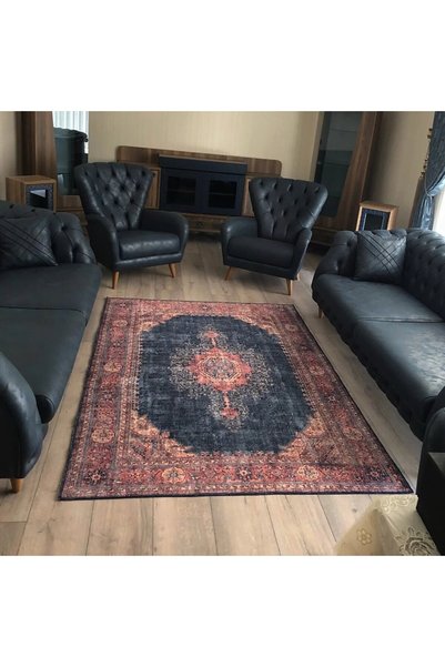Pera Halı Lacivert ve Kırmızı Desenli İran Tarzı Vintage Halı - OUTLET - FM50...