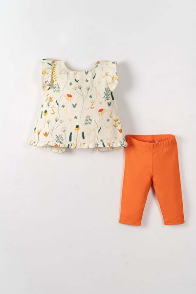 nk kids Nk Kız Bebek Çiçek Baskı Askılı Tişört 1-4 Yaş KREM