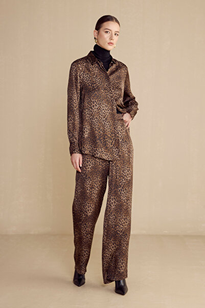 BROOKS BROTHERS Kadın Kahverengi-Siyah %100 viscose Esnek Belli Leopar Desenl...