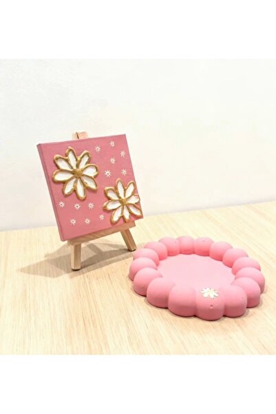 SOFT El Yapımı Mini Tuval Tablo + Çiçek Desenli Popitli Tabak | Pembe Dekorat...