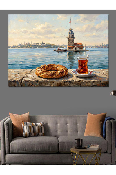 Artmeg Kız Kulesi Ve Çay Simit Dekoratif Kanvas - Mdf Ahşap Tablo
