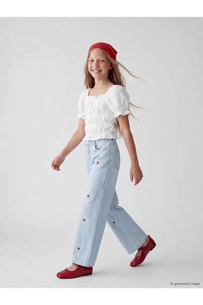 LC Waikiki Wideleg Strawberry Embroidered Girls' Jean Pants