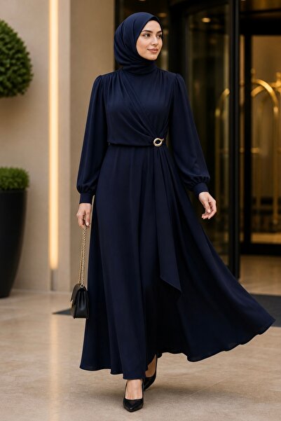 İmajButik Lacivert Yan Bağlamalı Tokalı Elbise