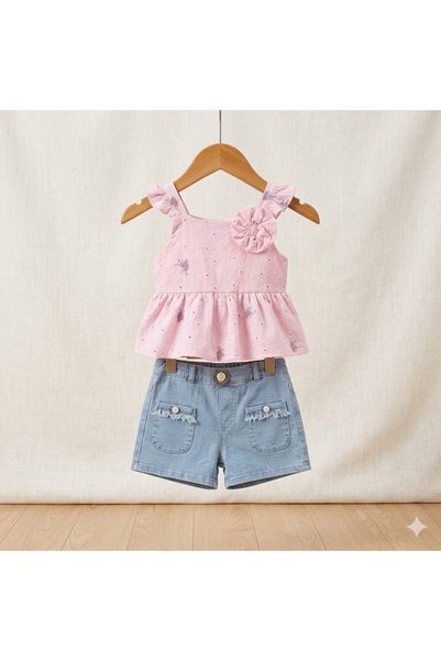 Erca Home Tekstil Ürünleri Jeans Shorts Summer Girls Two-Piece Set 5Y,4Y,3Y,2Y Girls Pink