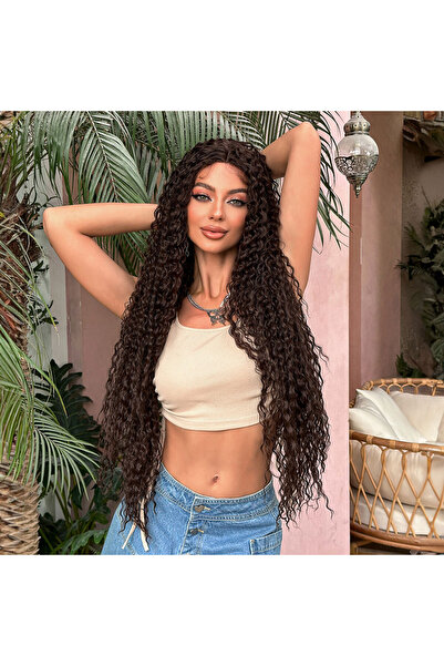 Afro Dalga Fiber Sentetik Tül Peruk - Kahverengi