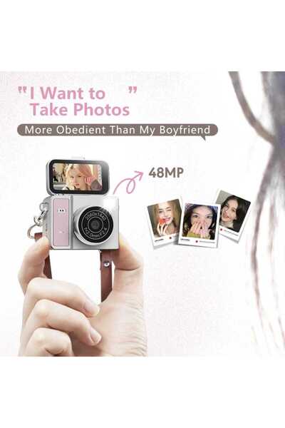 beemen 2K Mini Dijital Kamera Flip Ekranlı 48MP Selfie Kamerası | Taşınabilir Retro Tasarım Vlog & Fotoğraf Kamerası