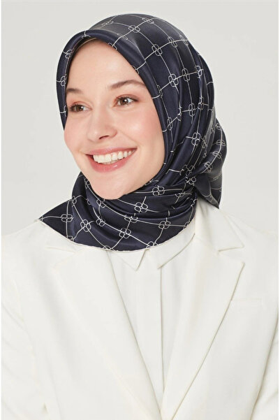 Armine Nostalji Sura Silk Scarf Ist 8555-15 Navy Blue Logo Pattern
