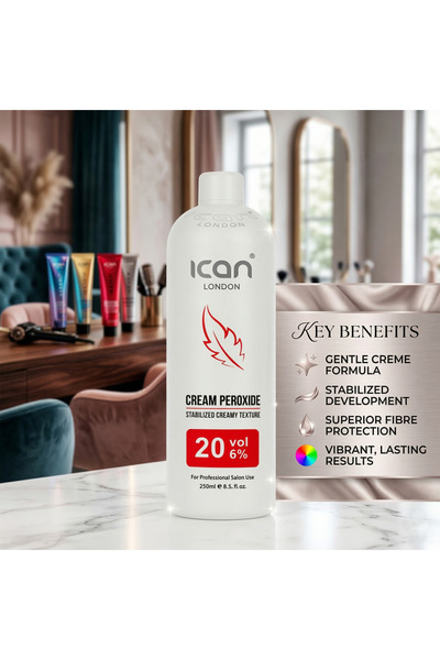 Ican London Professional Cream Peroxide 20 Vol 6% (250ml) – Hair Developer Cream | Salon Grade Oxidizing Emulsion for Hair Color & Bleaching
