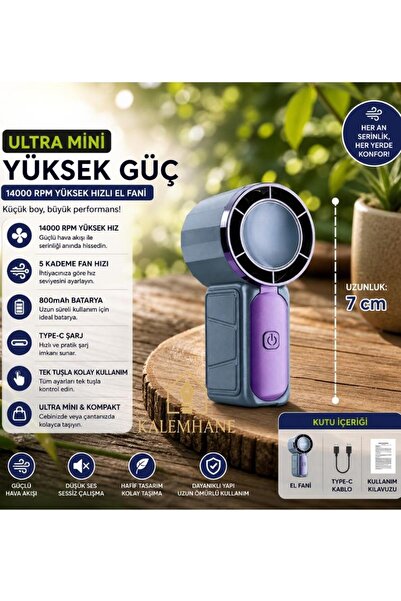 kalemhane Ultra Mini Ultra Güç El Fanı- 5 Kademeli Gri