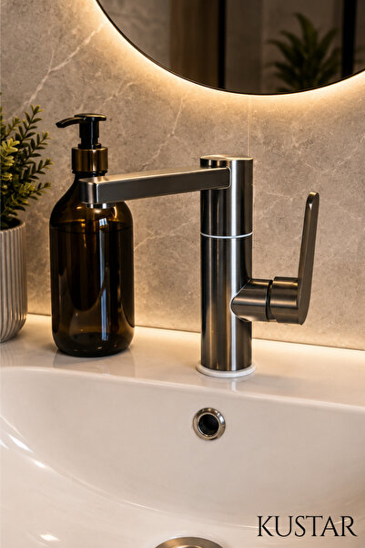 KUSTAR Modern Tek Kollu İnox Lavabo Bataryası | Banyo Musluğu | Aç-Kapa | Döner Boru | Sıcak Soğuk