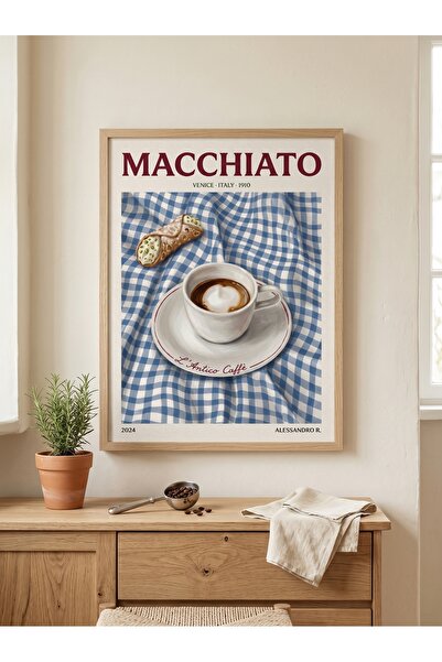 DEKORASOR Macchiato İtalyan Kahve Kültürü Retro Mutfak Tablosu - Mavi Pötikar...