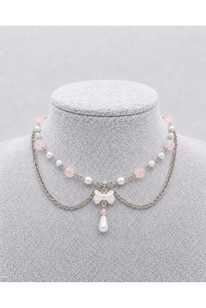 sleyshop Beyaz ve Pembe Boncuklu Fiyonk Coquette Kolye
