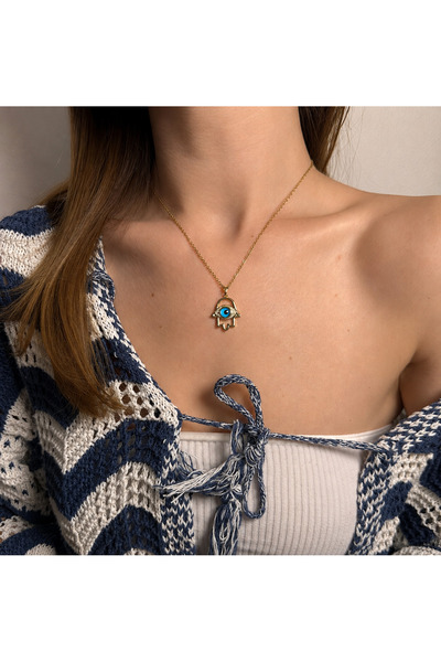 Roseliere Jewelry Fatma Ana Eli Kolye Nazar Boncuklu Çelik Kolye Altın Renk K...
