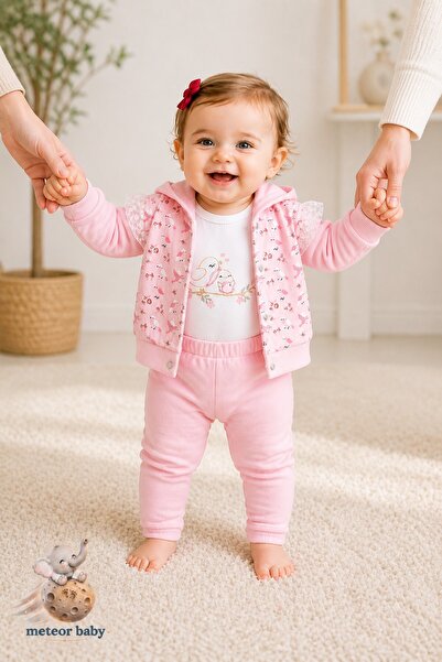METEOR BABY Baby Girl 3-Piece Set with Hooded Bird Pattern and Flexible Waist...