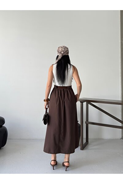 Thil Sleeveless Two Material Belted Midi Dress