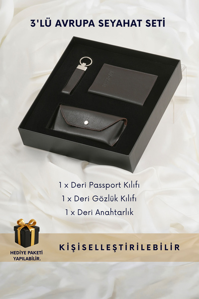 CüzCan Kahverengi Hakiki Deri 3'lü Avrupa Seyahat Seti - Pasaport Kılıfı, Göz...