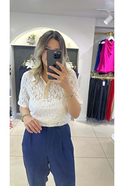 HandeButik KADIN EKRU GÜPÜR DETAYLU POLO YAKA BLUZ