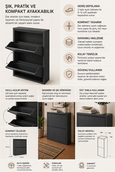 EVİTAÇ MOBİLYA 2 Kapaklı Metal Ayakkabılık - Ultra İnce Modern Antre Organize...