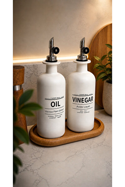 Kezze Velore - 2'li 500ml Beyaz Dekorlu Cam Yağlık Seti - Gümüş Başlıklı