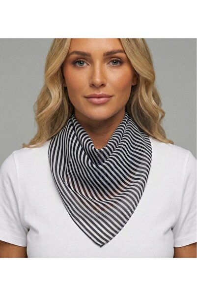 JZ MODA Black and White Striped Chiffon Scarf - Square Neck Scarf and Bag Acc...